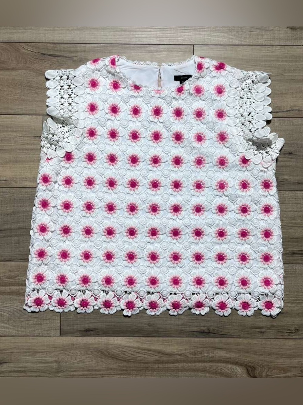 J Crew Womens Floral Crochet Short Sleeve Lined Top Size XL White Cream Pink
